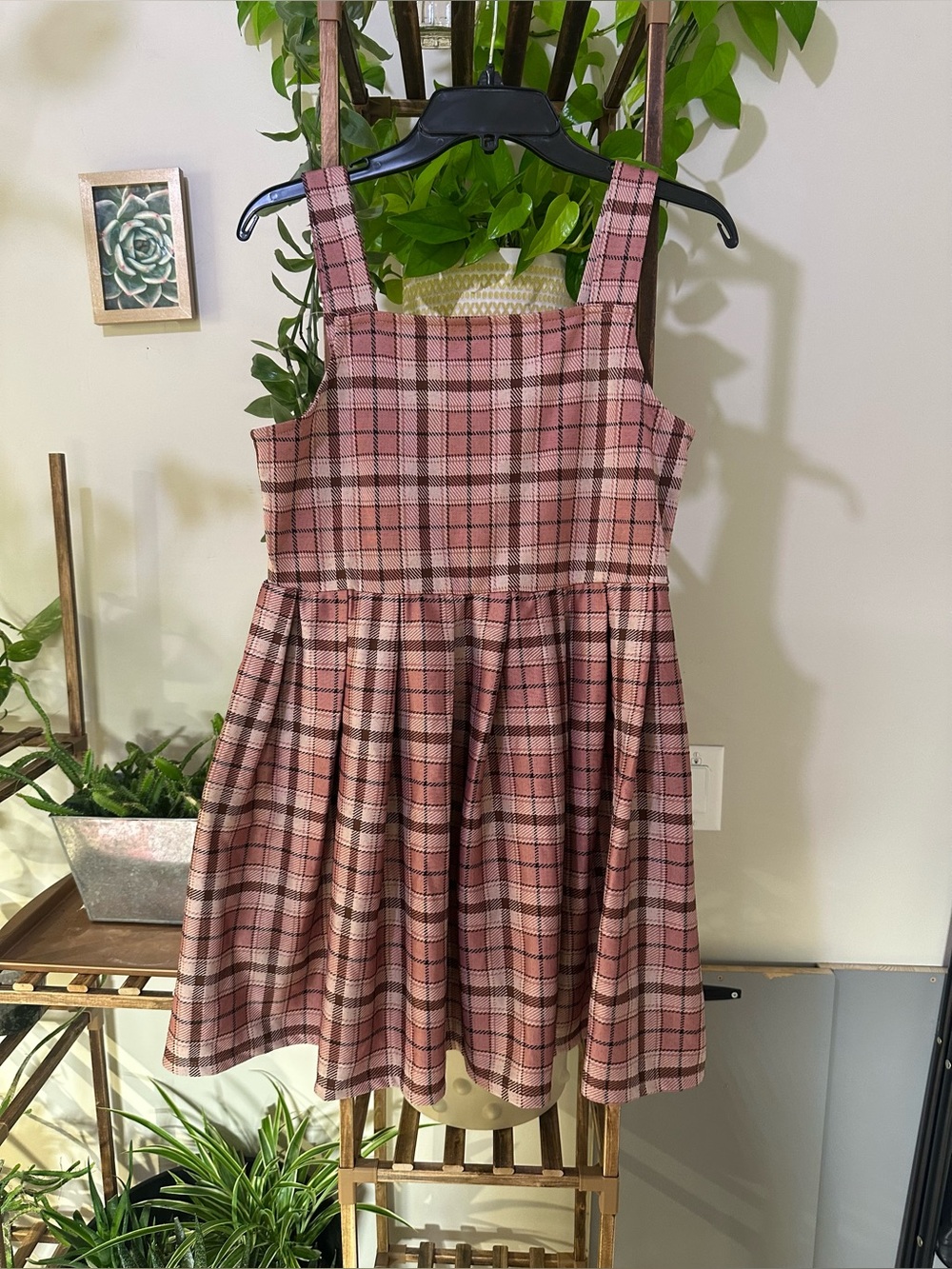 NWOT Pink Plaid Pinafore Mini Dress